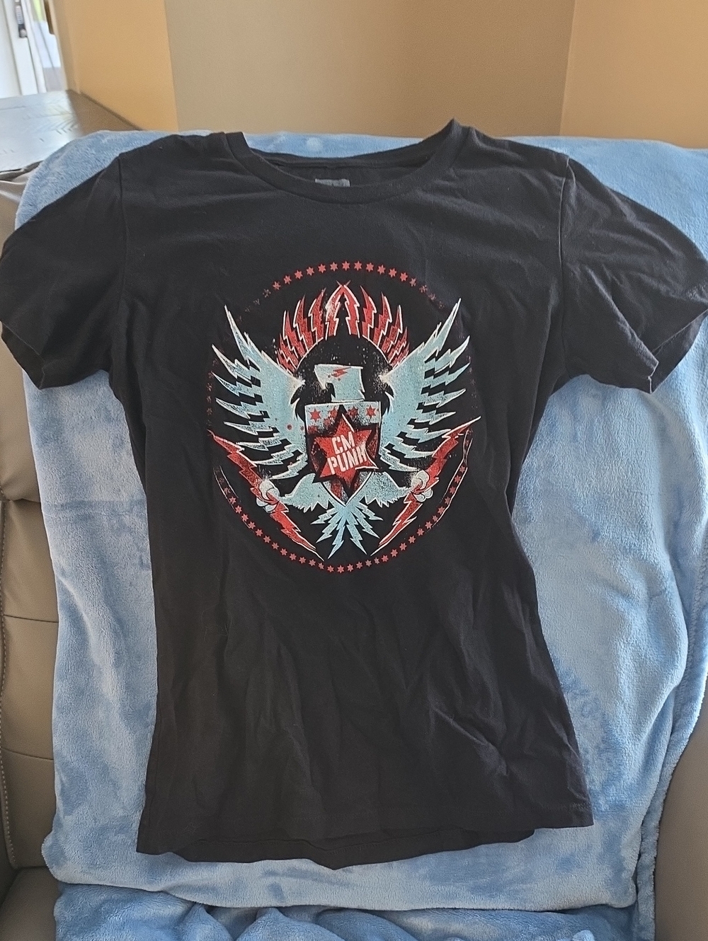 WWE Black Tee with Red & Light Blue Graphic